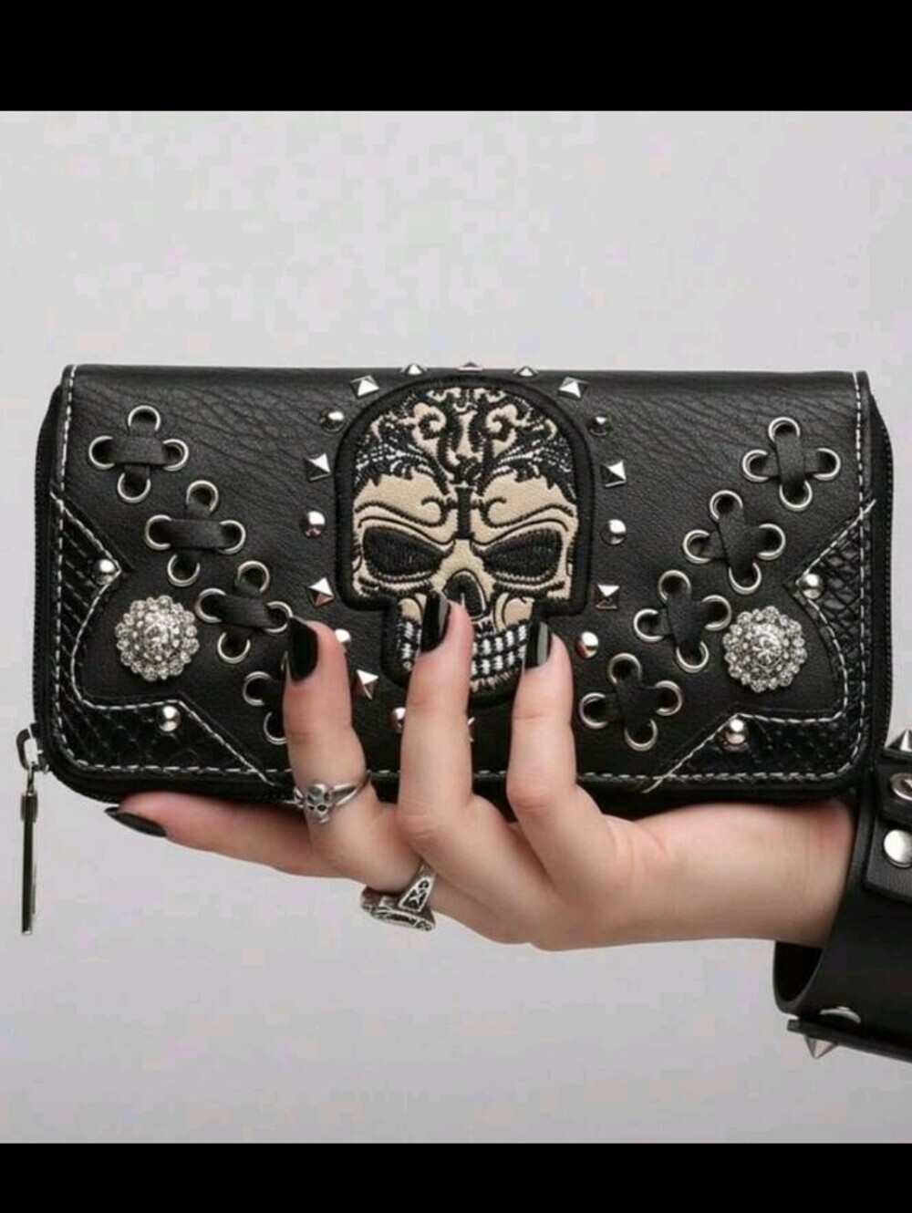 Studded Black Skull Wallet Clutch
